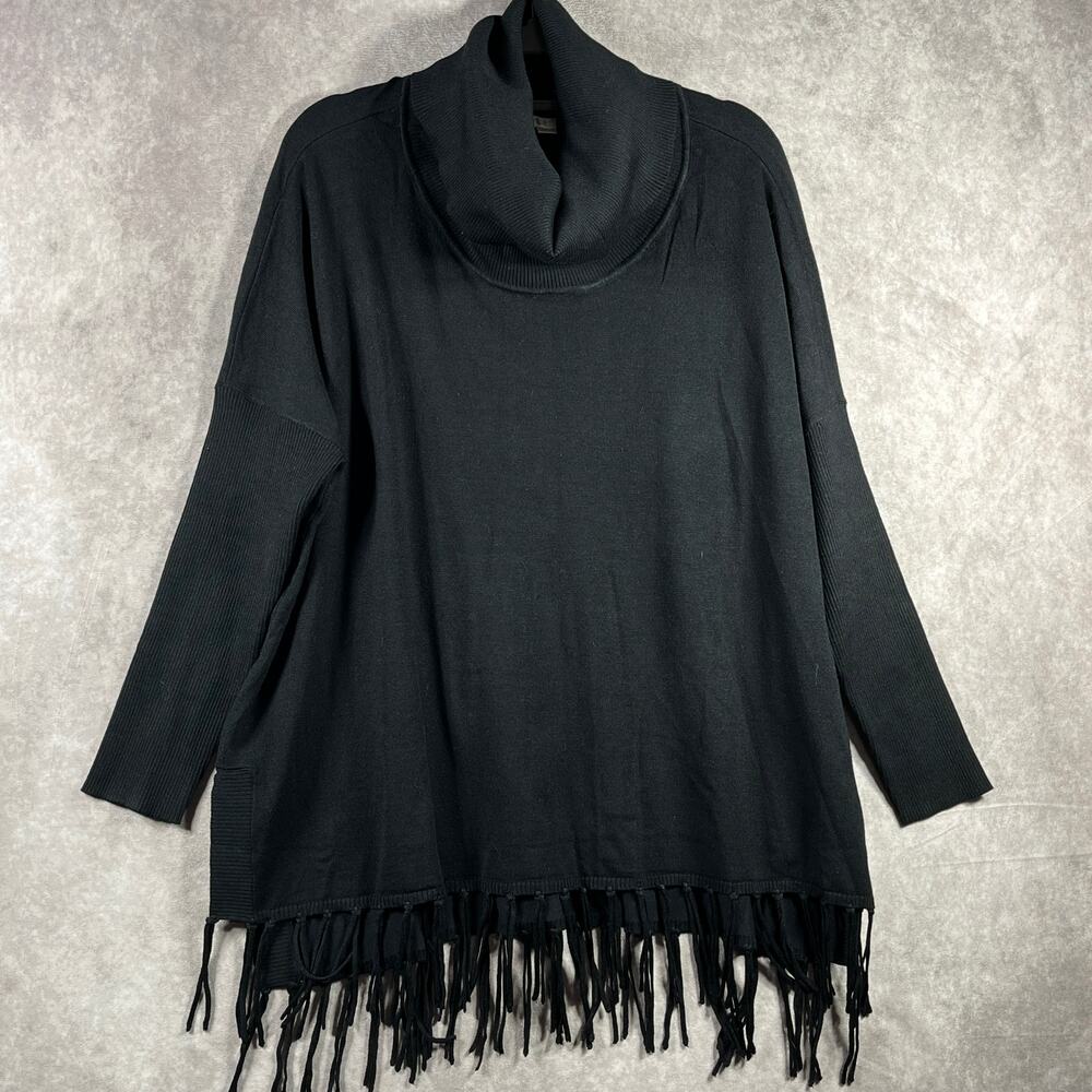 Boston Proper Sweater Womens Large Black Knit Turtleneck Fringe Hem Pullover